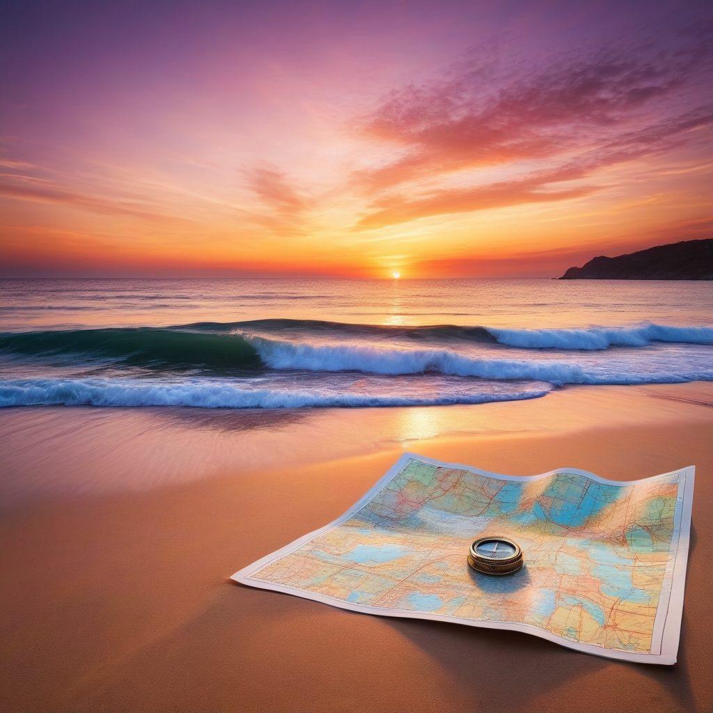 A stunning sea view with a vibrant sunset reflecting on the water, showcasing a variety of ships including luxury yachts and cruise liners. In the foreground, an adventurous traveler holds a map, pointing toward the horizon, surrounded by travel essentials like a camera and a compass. Gentle waves lap against the shore, creating a sense of adventure and discovery. super-realistic. vibrant colors.