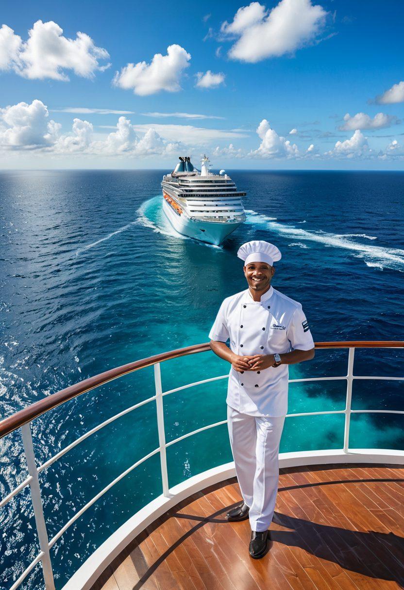 An inviting scene of a modern cruise ship sailing on a clear blue ocean, with diverse professionals such as a captain, chef, and entertainment manager working together on deck, showcasing teamwork and excitement. Include vibrant tropical islands in the background and bright, sunny skies to evoke a sense of adventure and opportunity. super-realistic. vibrant colors. dynamic composition.