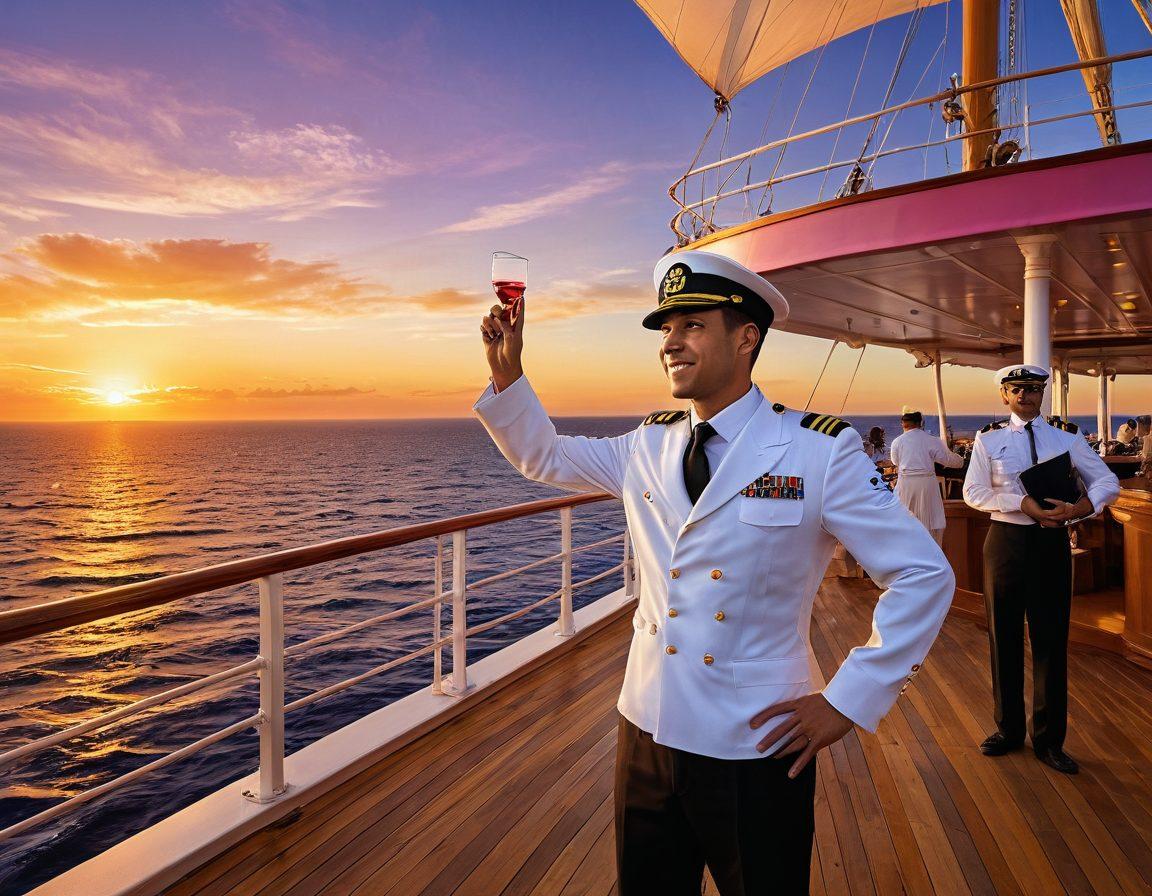 A serene maritime scene featuring a diverse group of professionals in hospitality uniforms seamlessly transitioning to adventurous roles on a ship. Include elements like a waiter serving drinks on a ship deck, a captain giving directions, and crew members engaged in exciting maritime activities, all under a breathtaking sunset sky. The atmosphere should convey a sense of exploration and opportunity, blending the worlds of hospitality and adventure. vibrant colors. super-realistic.